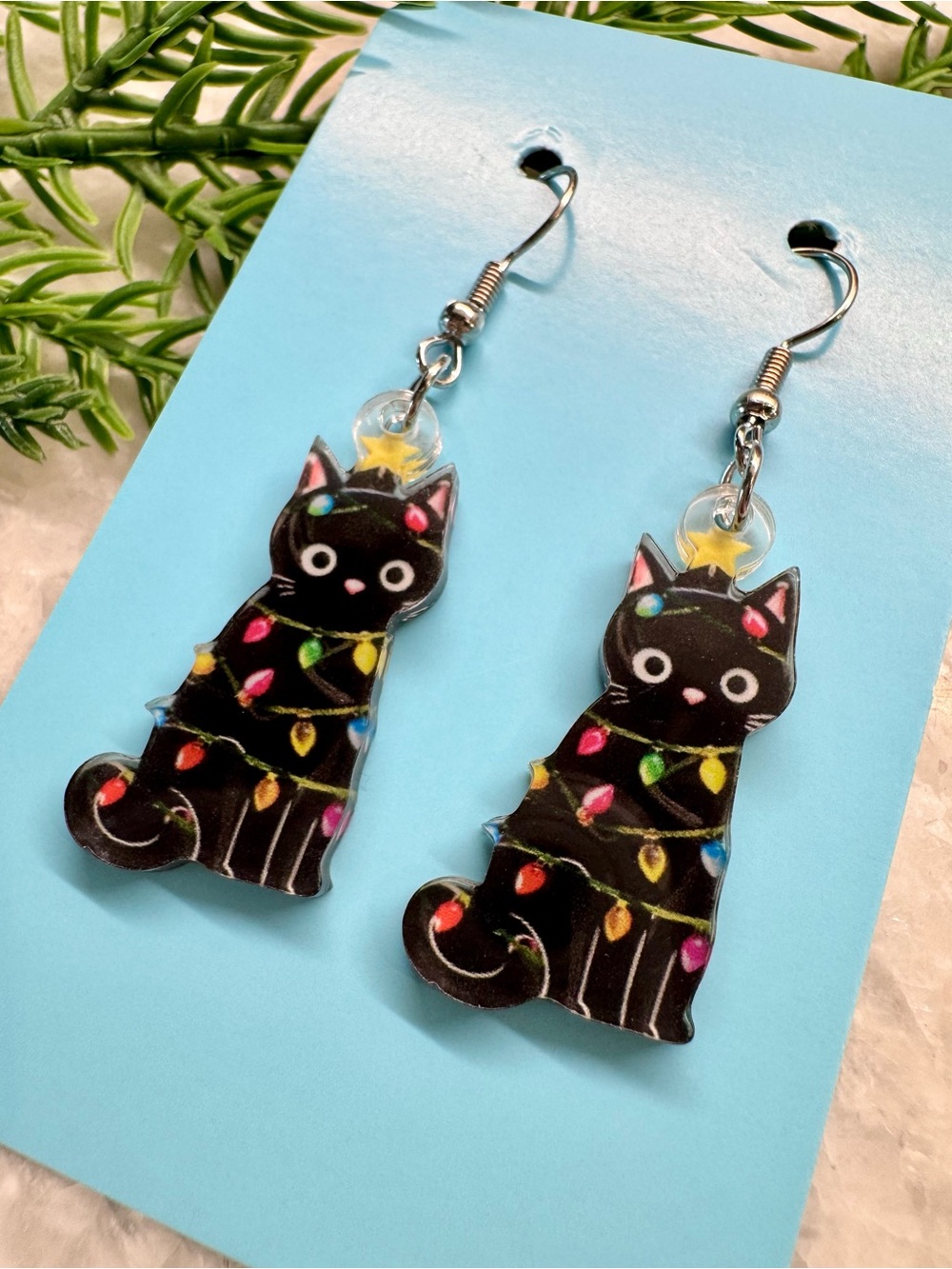 New Black Cat & Christmas Lights Holiday Acrylic Dangle Earrings - 2.25”